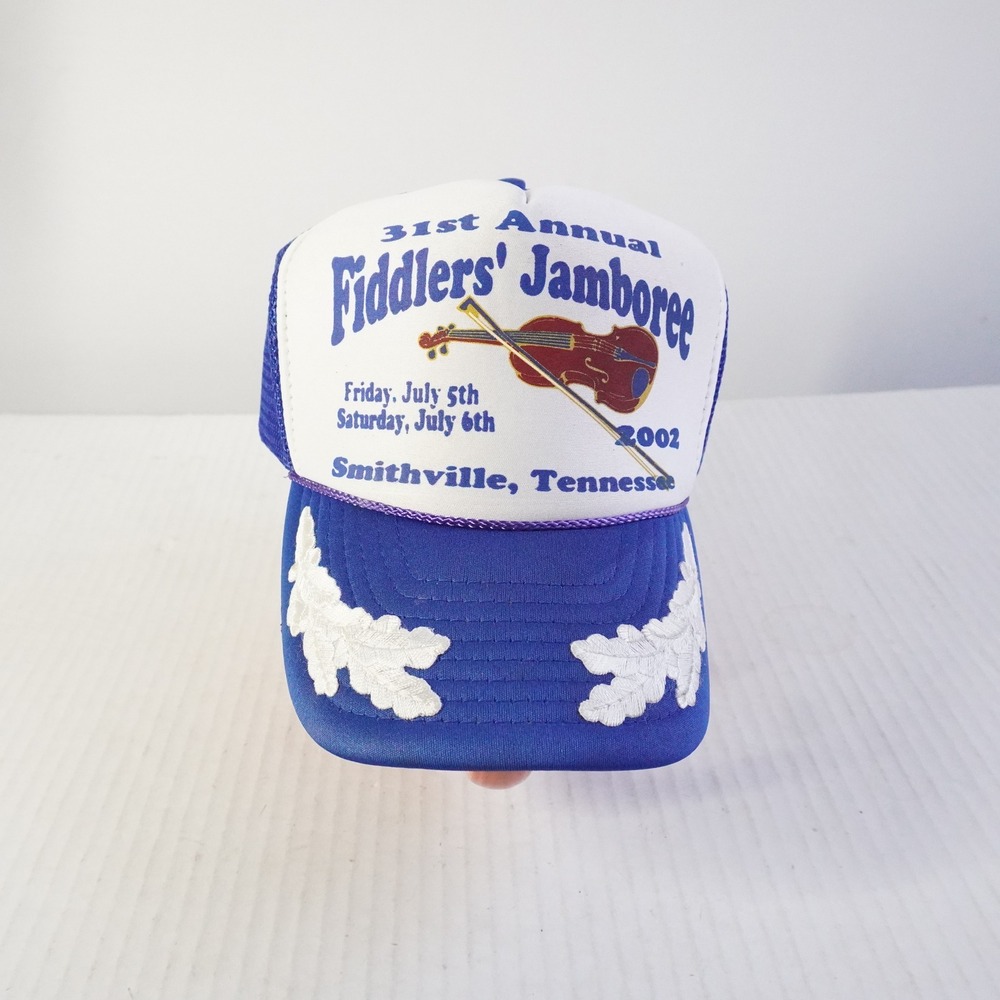 Vintage 2002 Fiddlers Jamboree Smithville TN Trucker Hat Nissun Cap Blue White